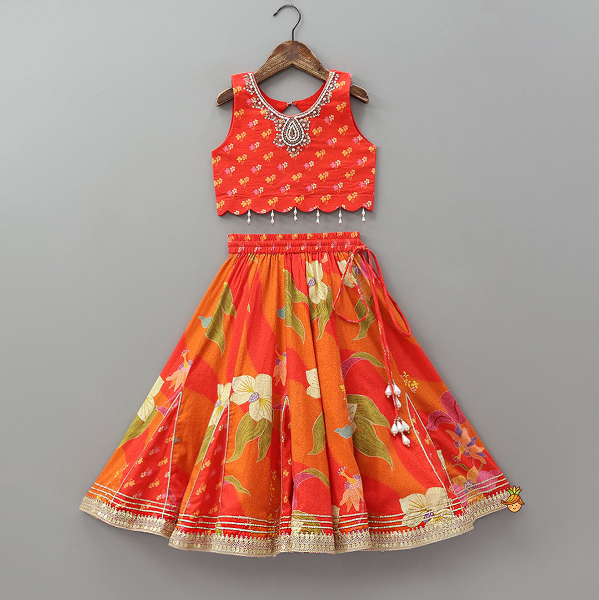 Red Sleeveless Embroidered Scalloped Top With Lehenga And Hairband