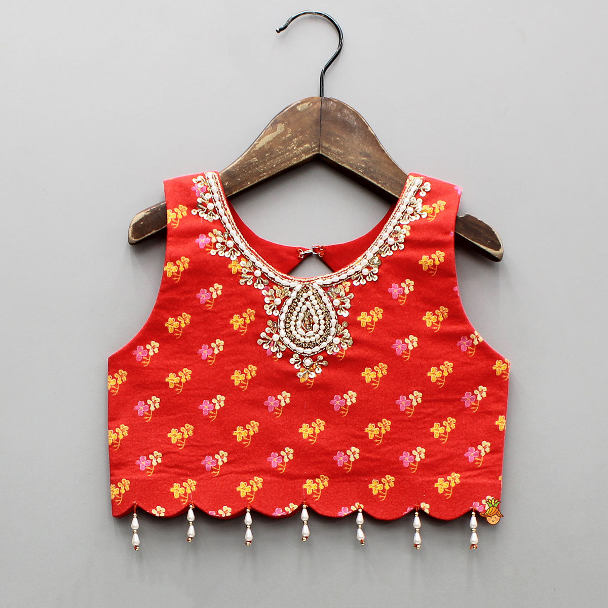 Red Sleeveless Embroidered Scalloped Top With Lehenga And Hairband