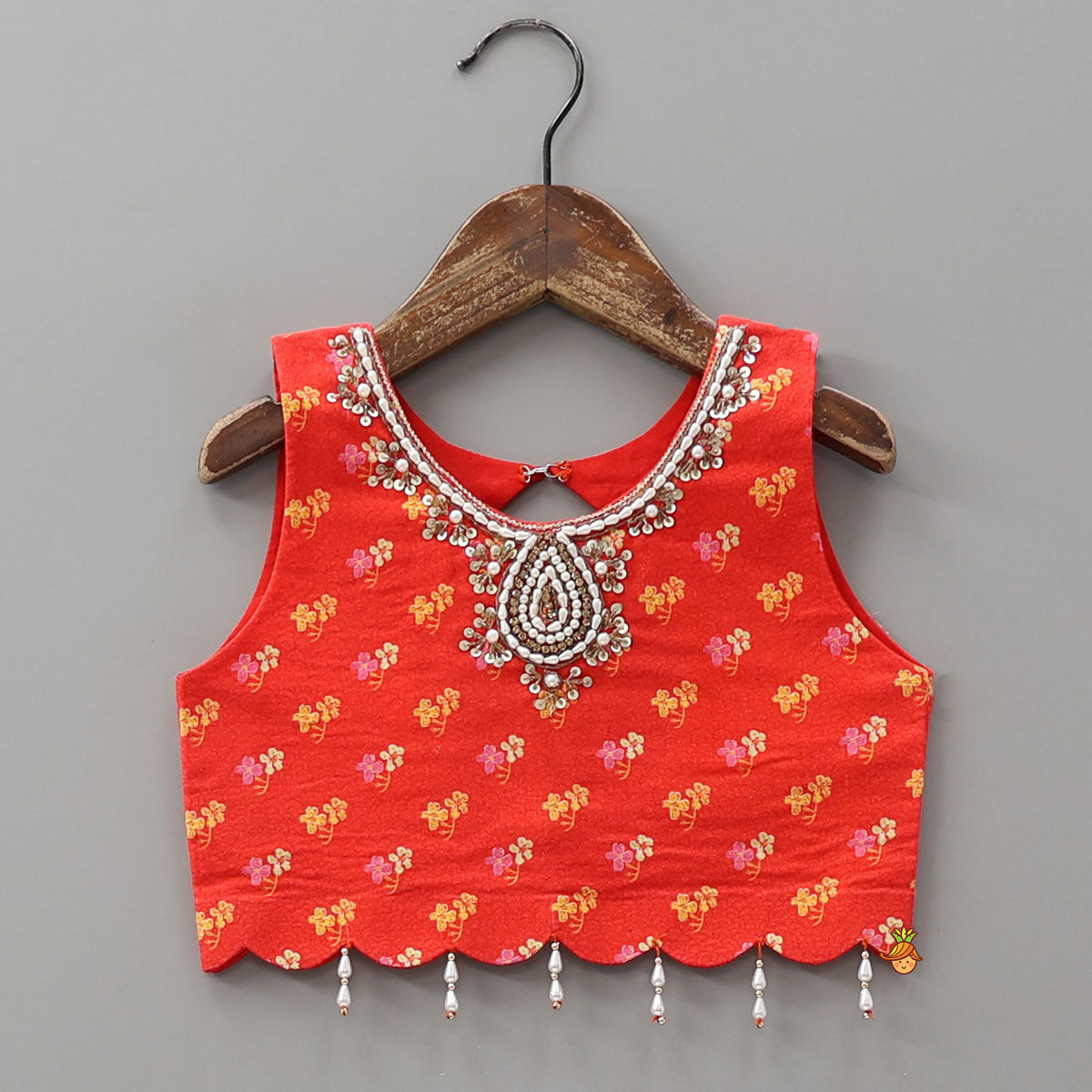 Red Sleeveless Embroidered Scalloped Top With Lehenga And Hairband