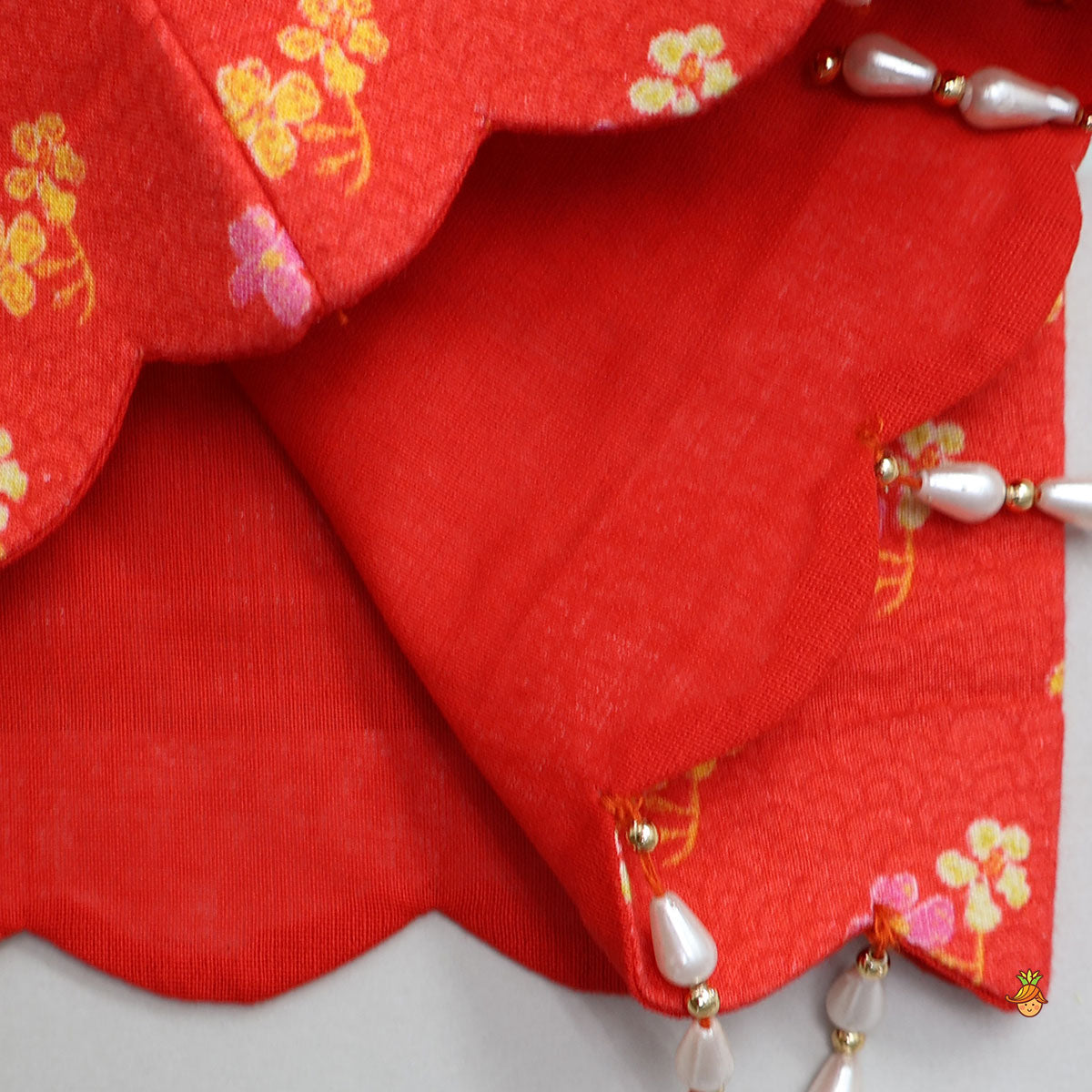 Red Sleeveless Embroidered Scalloped Top With Lehenga And Hairband