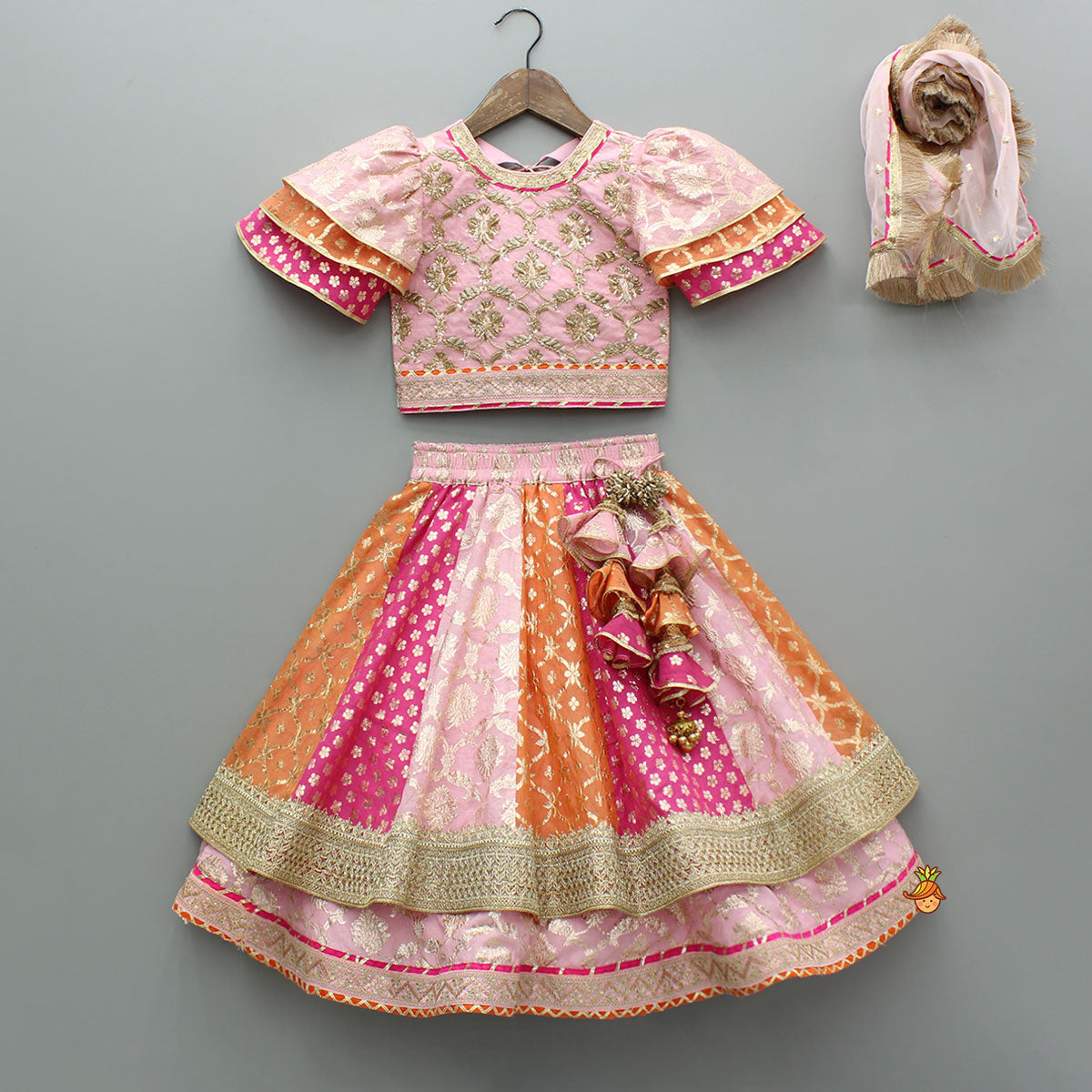 Chanderi Embroidered Top With Dual Layered Lehenga And Dupatta