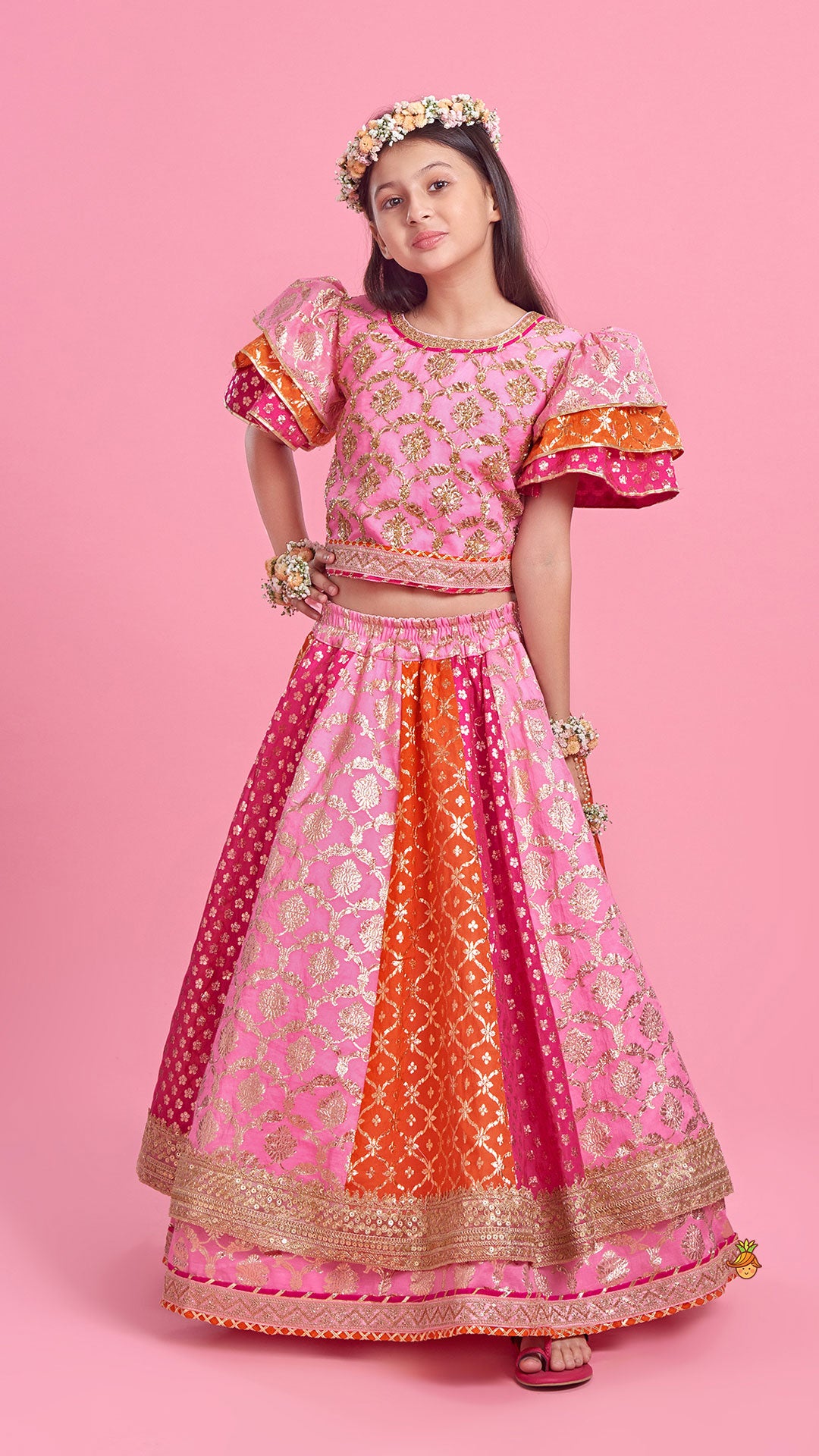 Chanderi Embroidered Top With Dual Layered Lehenga And Dupatta