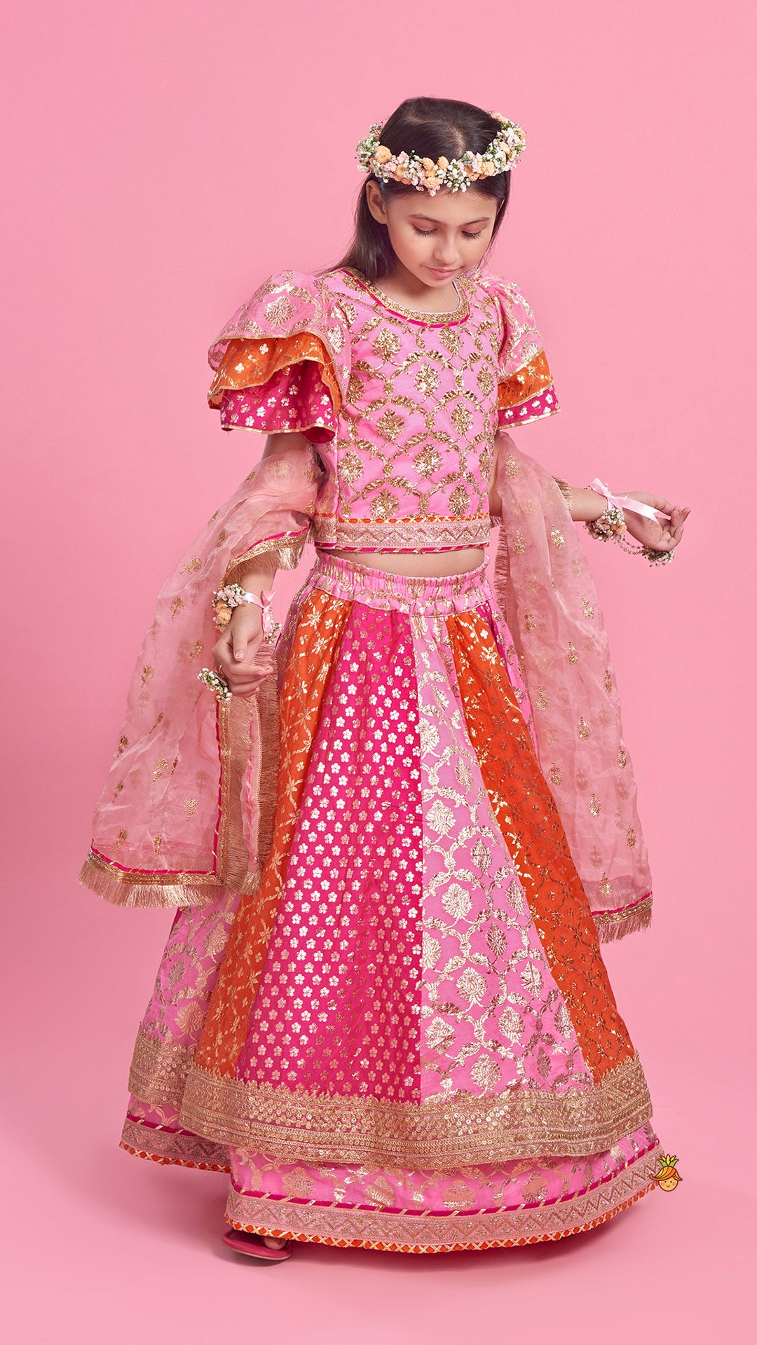 Chanderi Embroidered Top With Dual Layered Lehenga And Dupatta