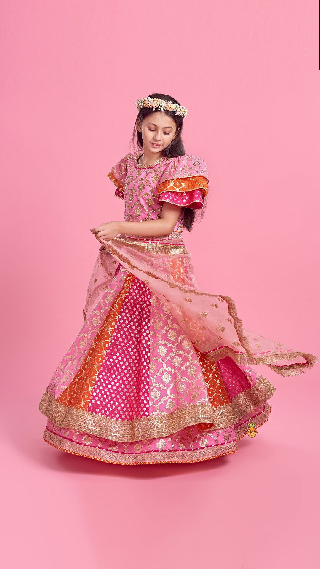 Chanderi Embroidered Top With Dual Layered Lehenga And Dupatta