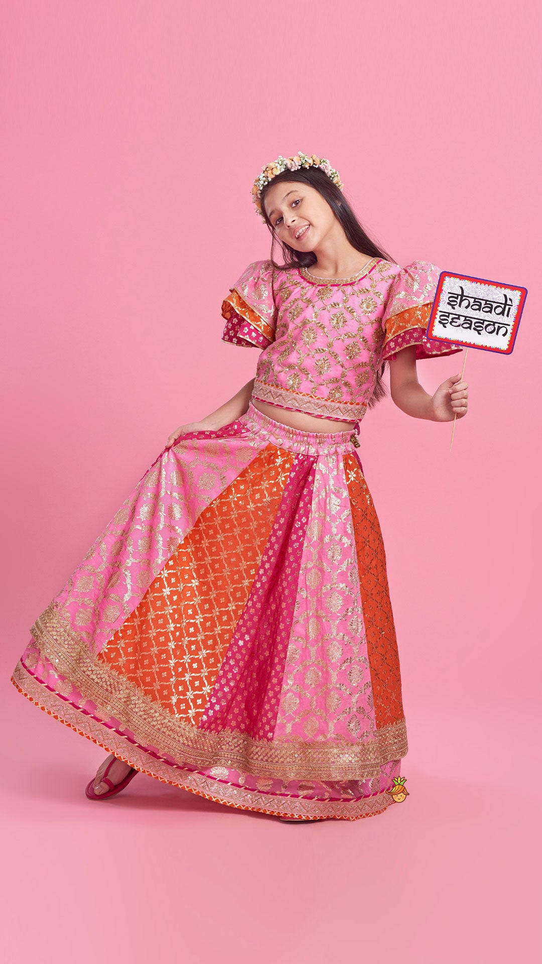 Chanderi Embroidered Top With Dual Layered Lehenga And Dupatta