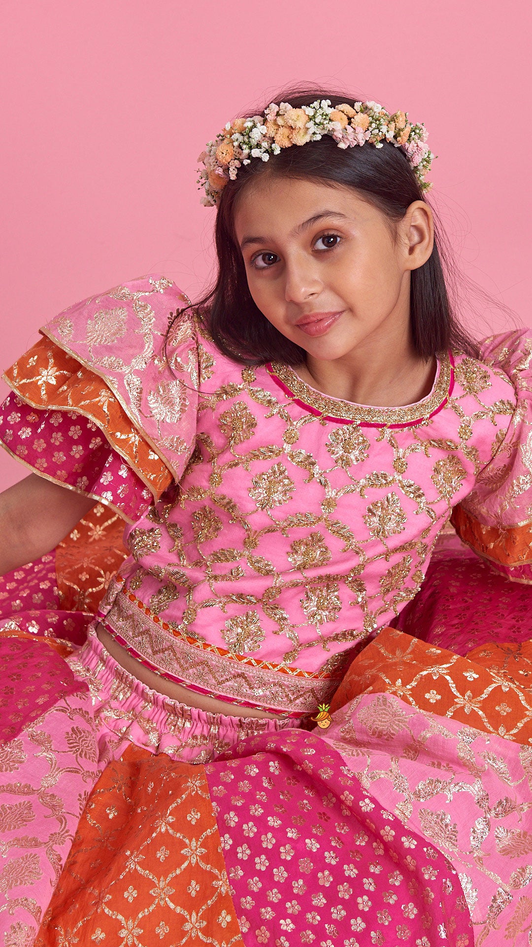 Chanderi Embroidered Top With Dual Layered Lehenga And Dupatta