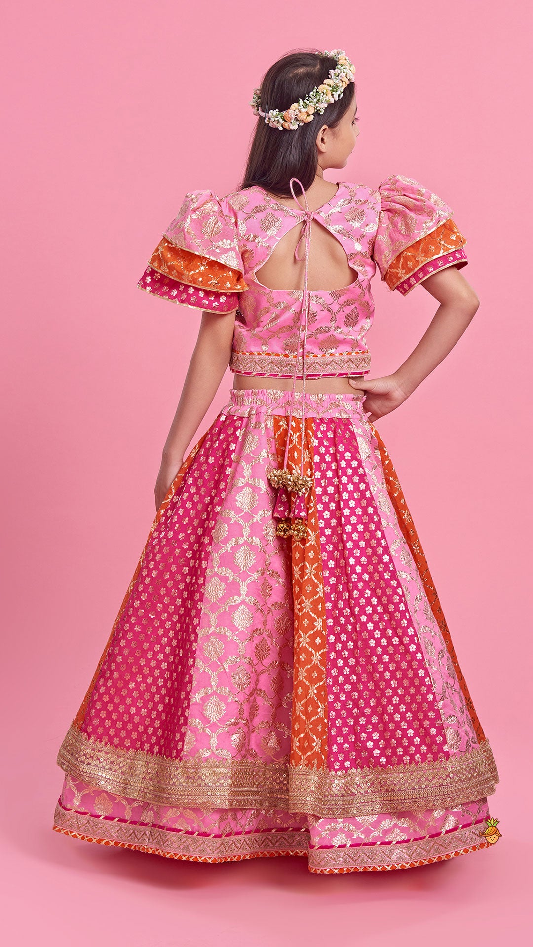 Chanderi Embroidered Top With Dual Layered Lehenga And Dupatta