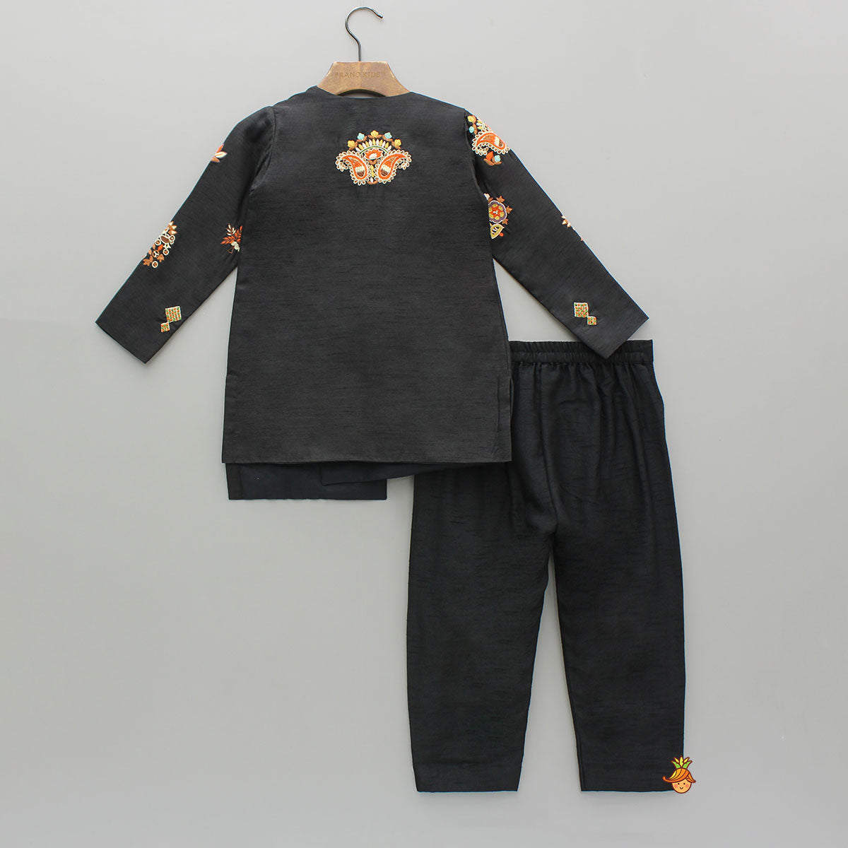 Black Asymmetric Floral Embroidered Kurta With Pyjama