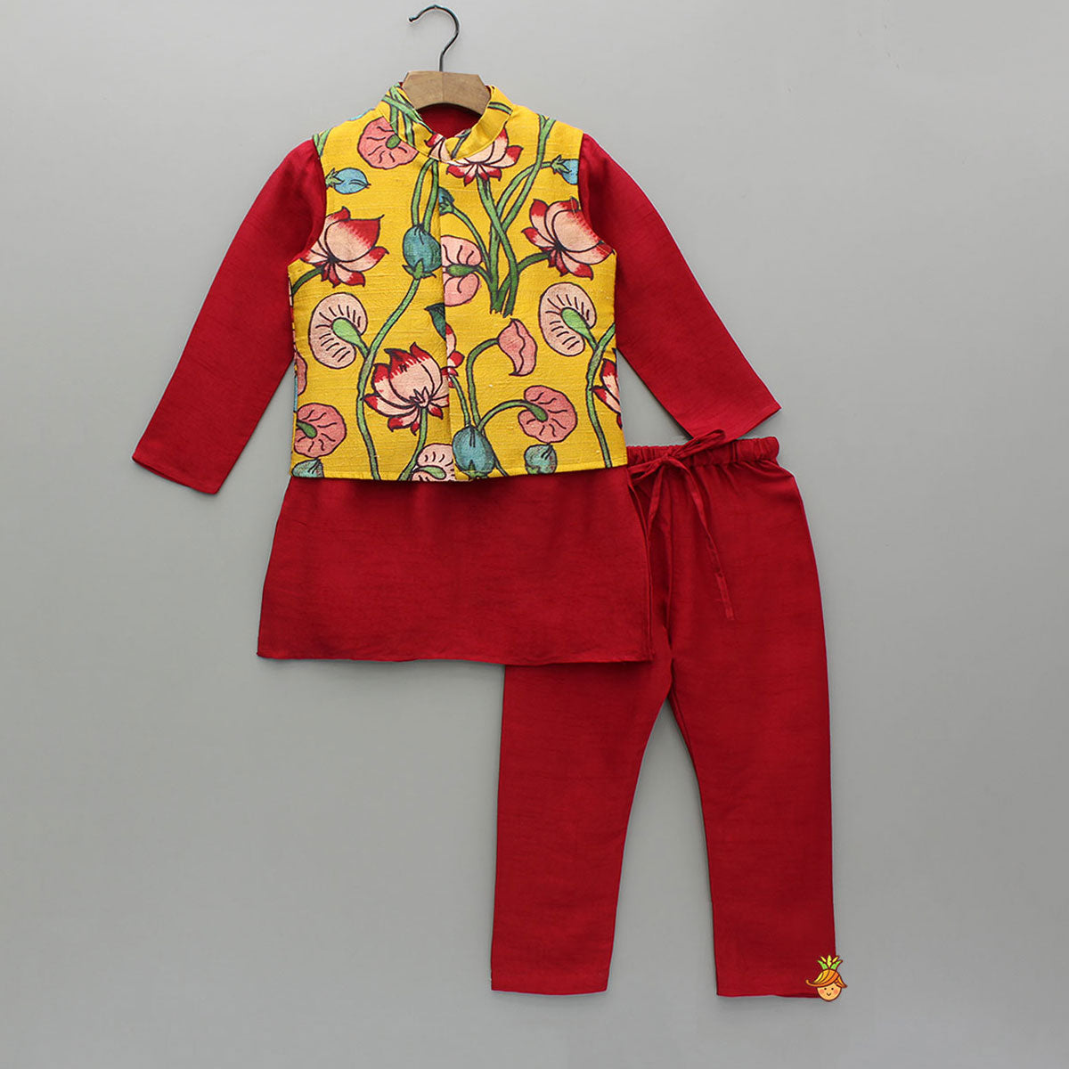 Red Silk Kurta With Multicolour Floral Printed Silk Jacket And Pyjama