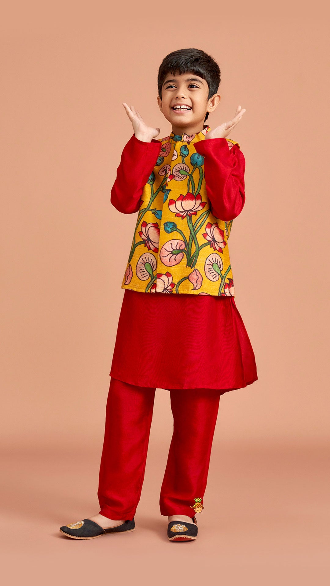 Red Silk Kurta With Multicolour Floral Printed Silk Jacket And Pyjama