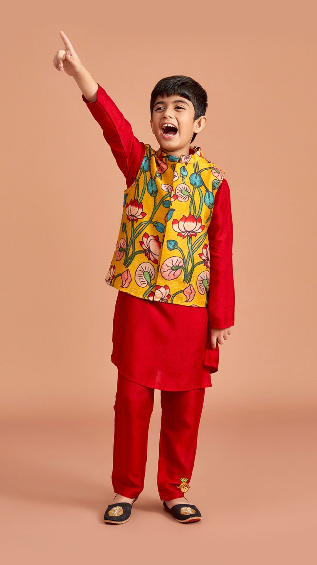 Red Silk Kurta With Multicolour Floral Printed Silk Jacket And Pyjama