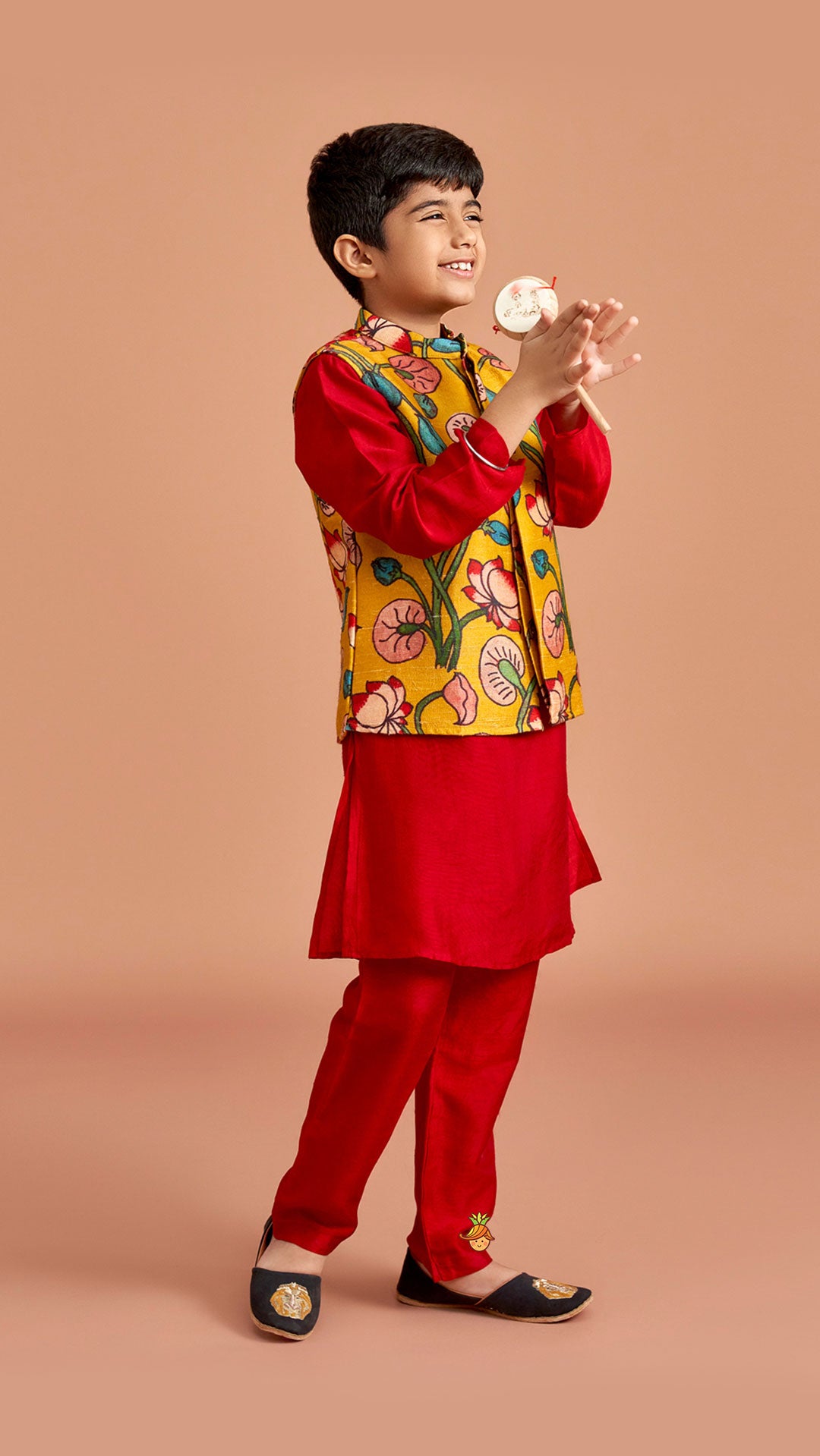 Red Silk Kurta With Multicolour Floral Printed Silk Jacket And Pyjama