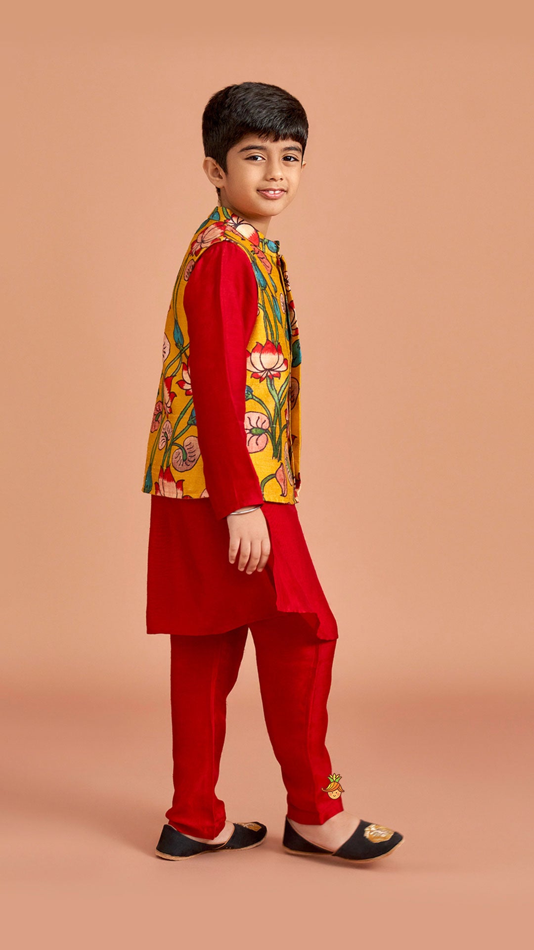 Red Silk Kurta With Multicolour Floral Printed Silk Jacket And Pyjama