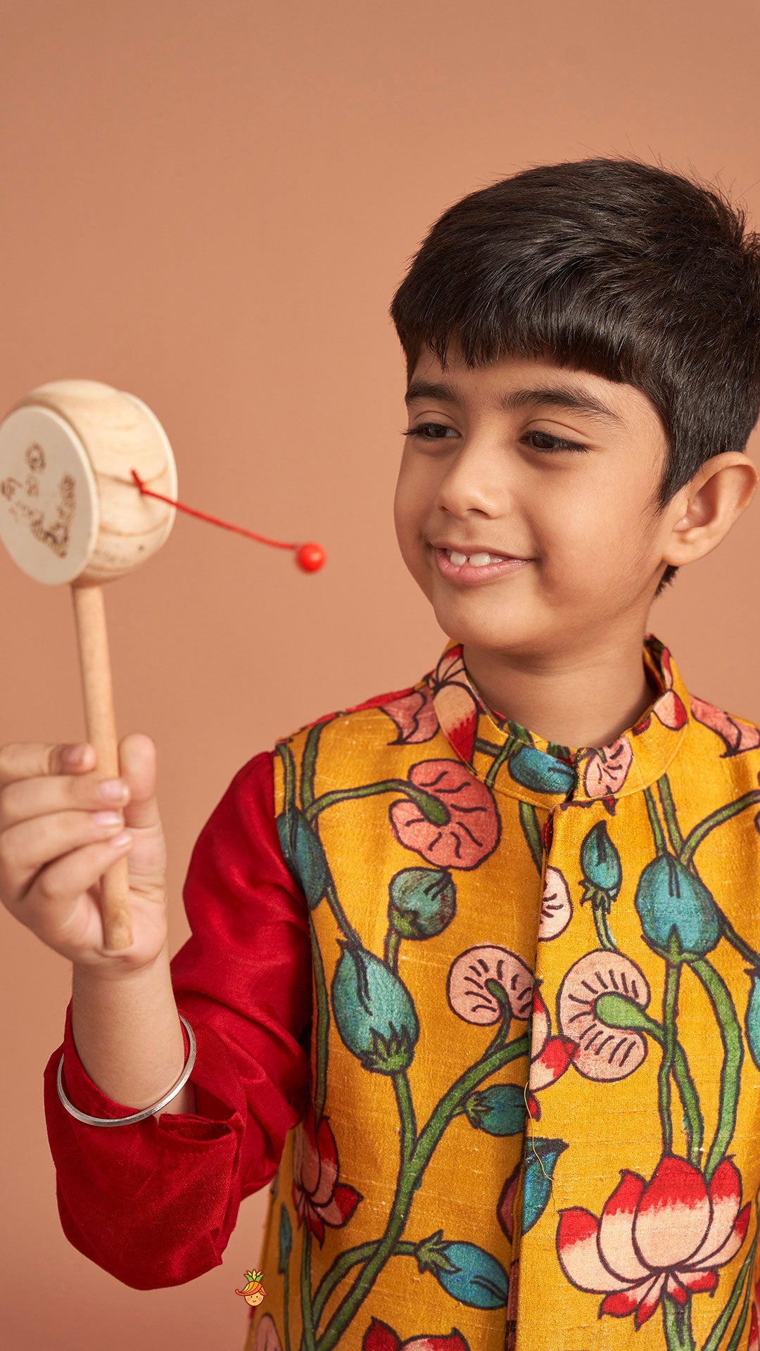 Red Silk Kurta With Multicolour Floral Printed Silk Jacket And Pyjama