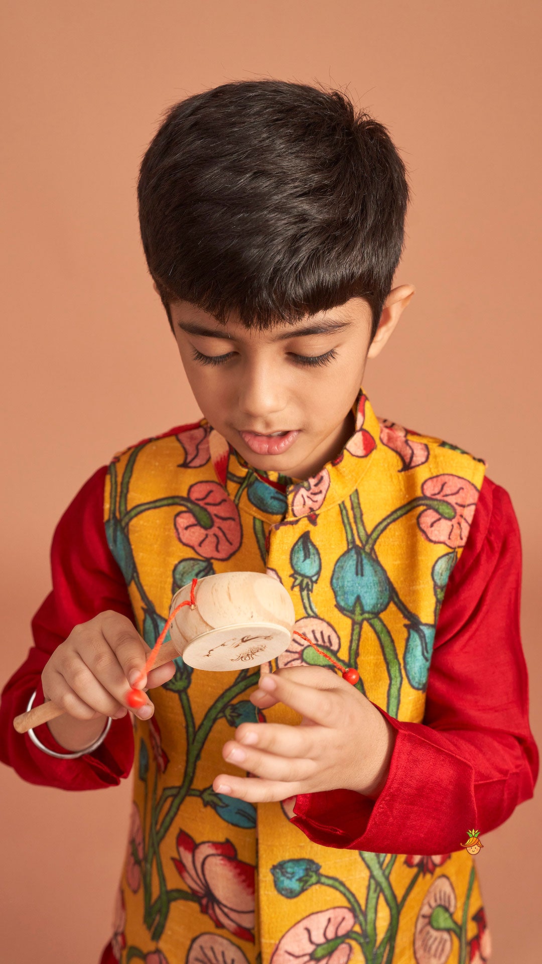 Red Silk Kurta With Multicolour Floral Printed Silk Jacket And Pyjama