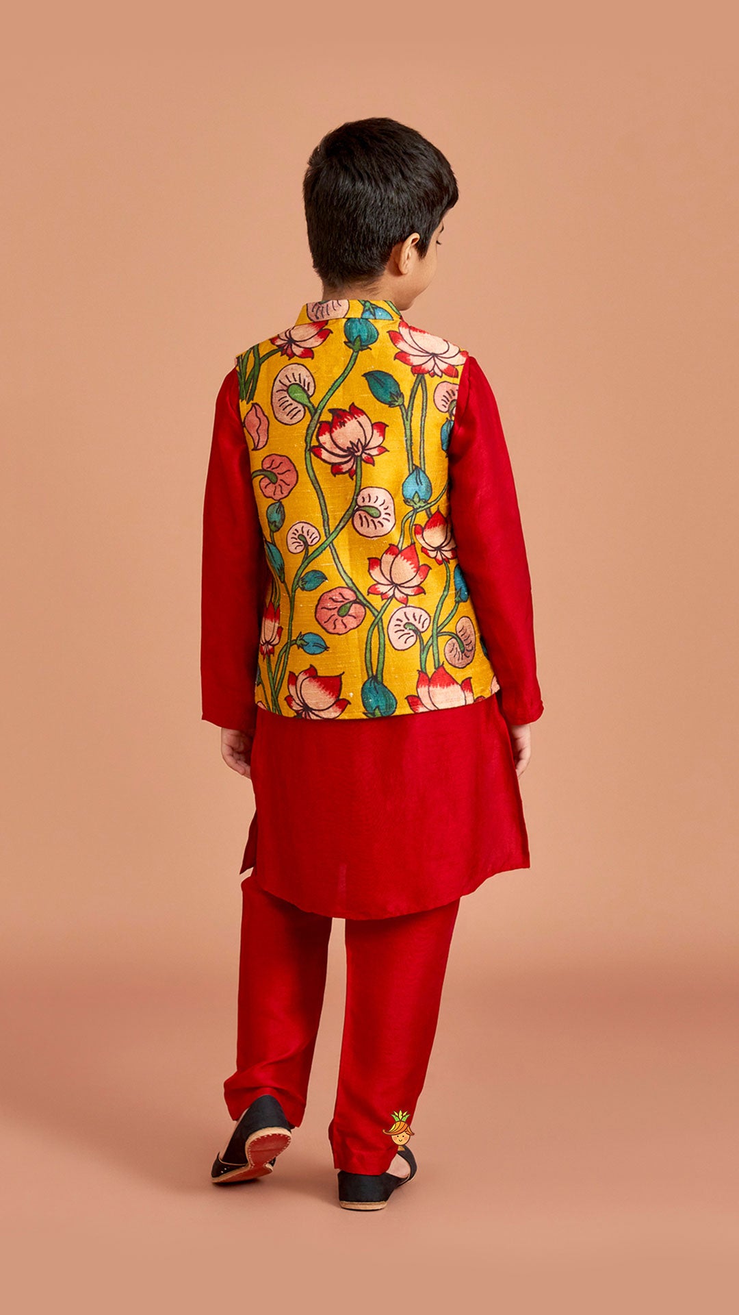Red Silk Kurta With Multicolour Floral Printed Silk Jacket And Pyjama