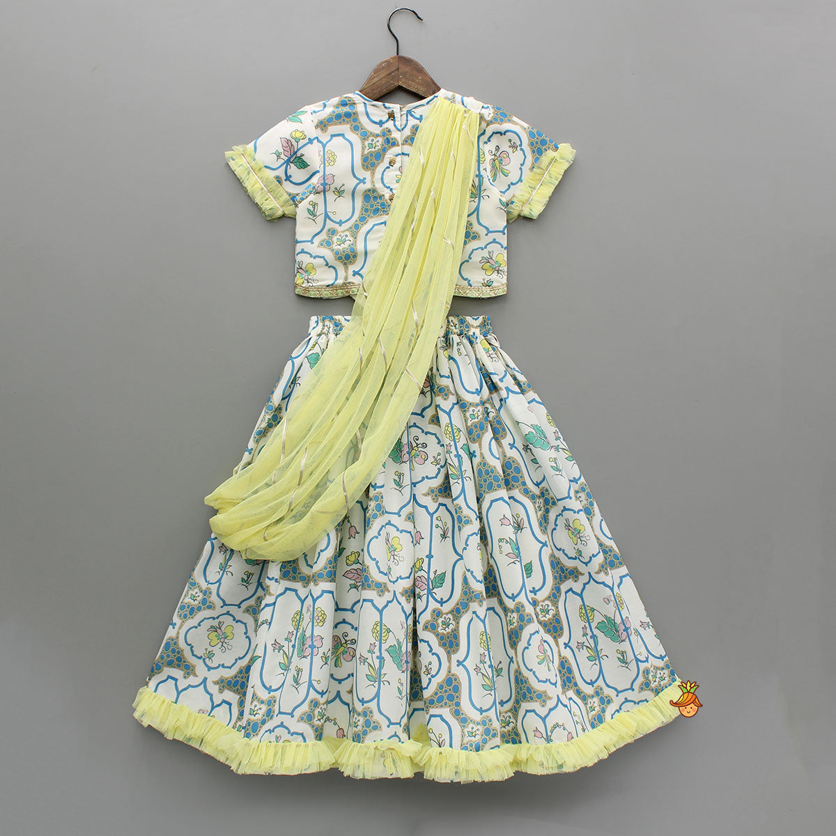 Butterfly Adorned Floral Multicolour Top With Lehenga And Side Sash Dupatta