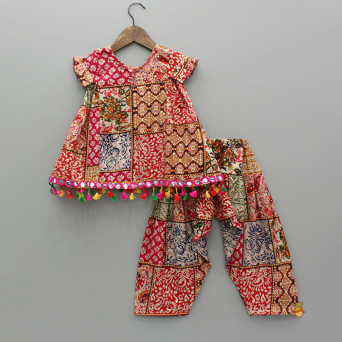 Patchwork Printed Top And Dhoti With Cap
