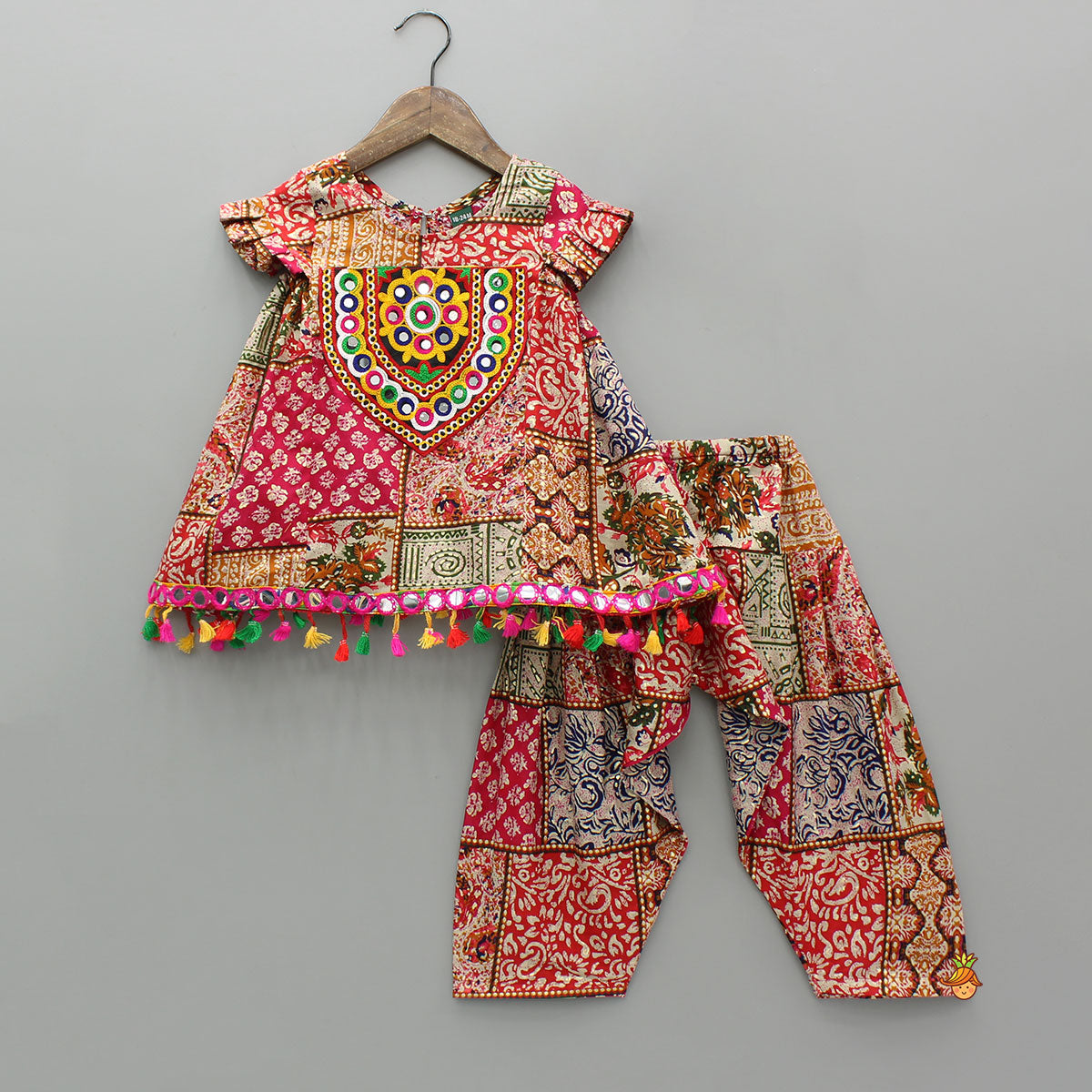 Patchwork Printed Top And Dhoti With Cap