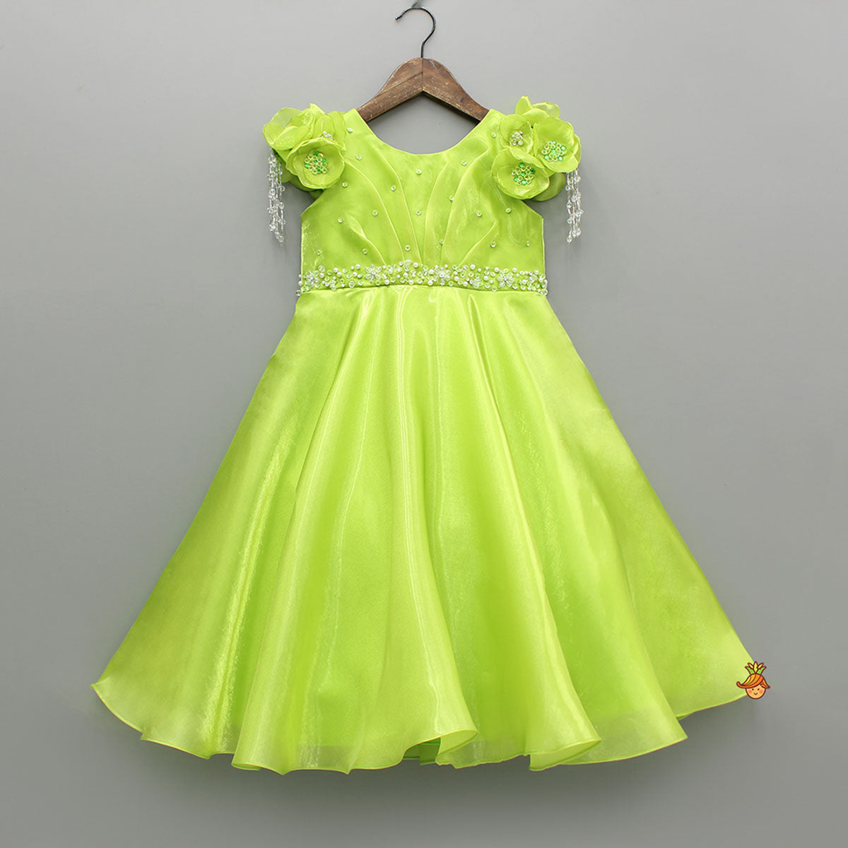 Green Glass Tissue Gown With Pleated Yoke