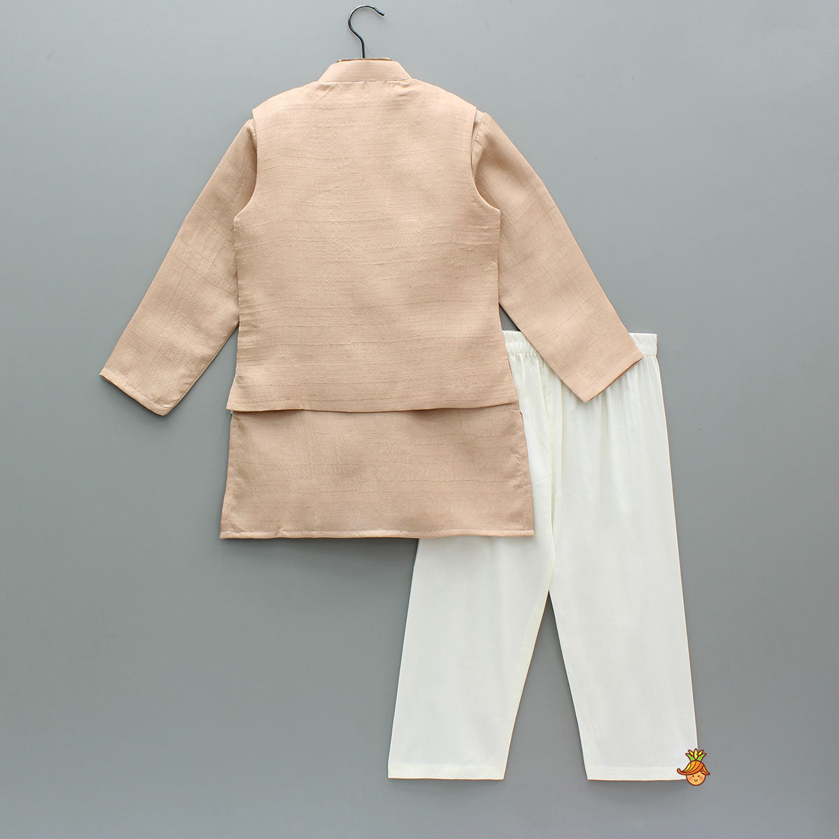Peach Silk Kurta With Floral Embroidered Jacket And Pyjama