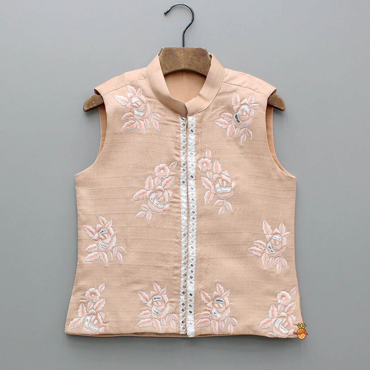 Peach Silk Kurta With Floral Embroidered Jacket And Pyjama