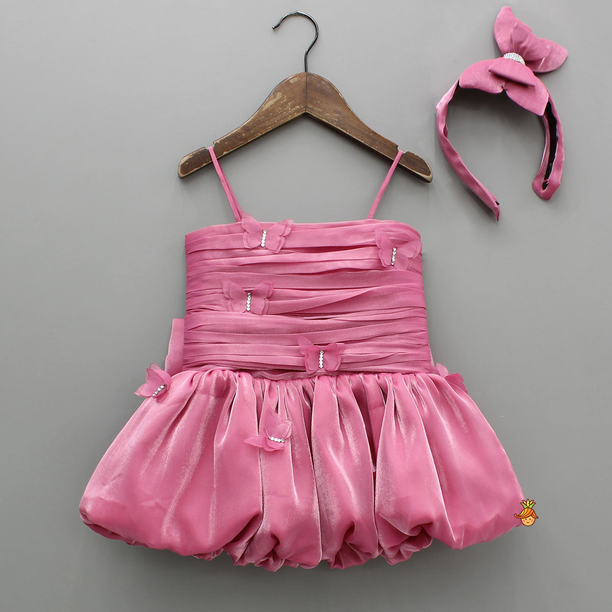 Pink Butterfly Embellished Shimmery Strappy Balloon Dress With Shimmery Hairband