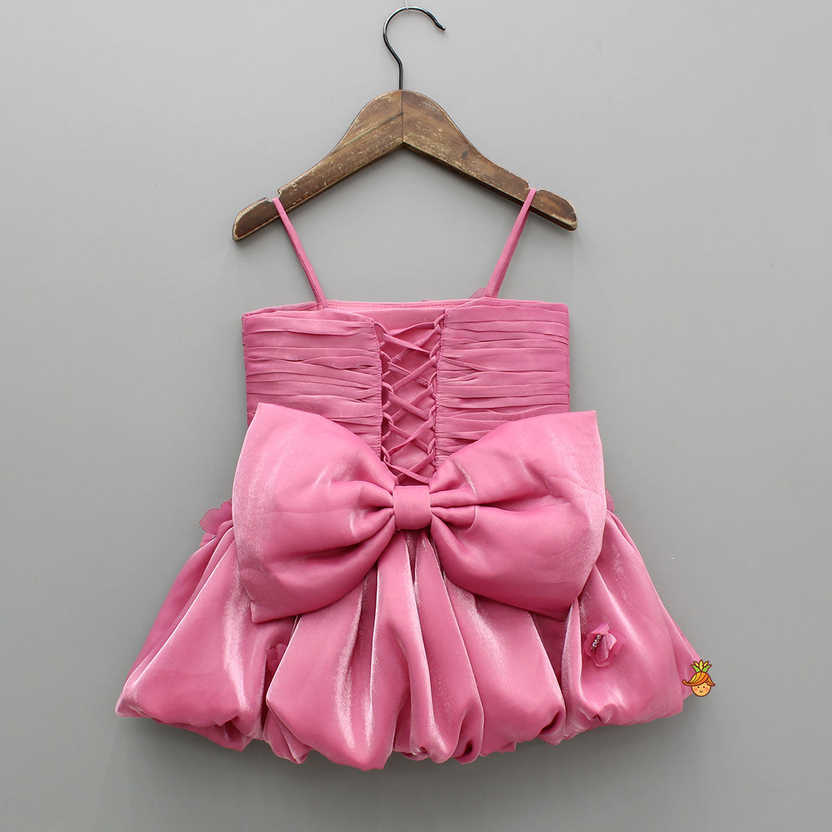 Pink Butterfly Embellished Shimmery Strappy Balloon Dress With Shimmery Hairband