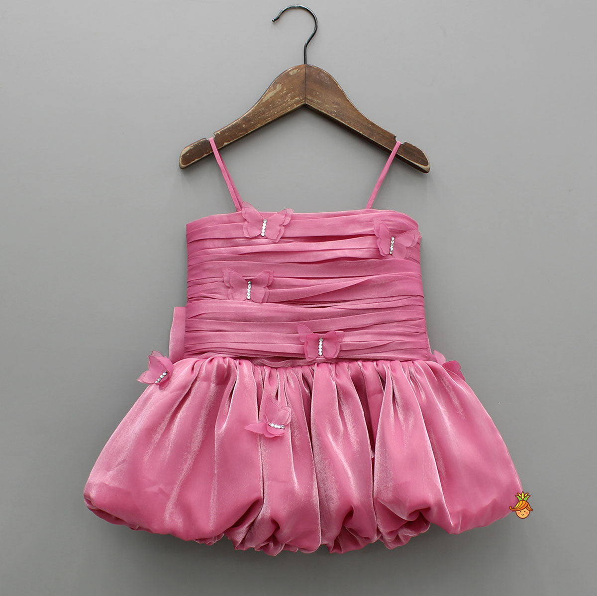 Pink Butterfly Embellished Shimmery Strappy Balloon Dress With Shimmery Hairband
