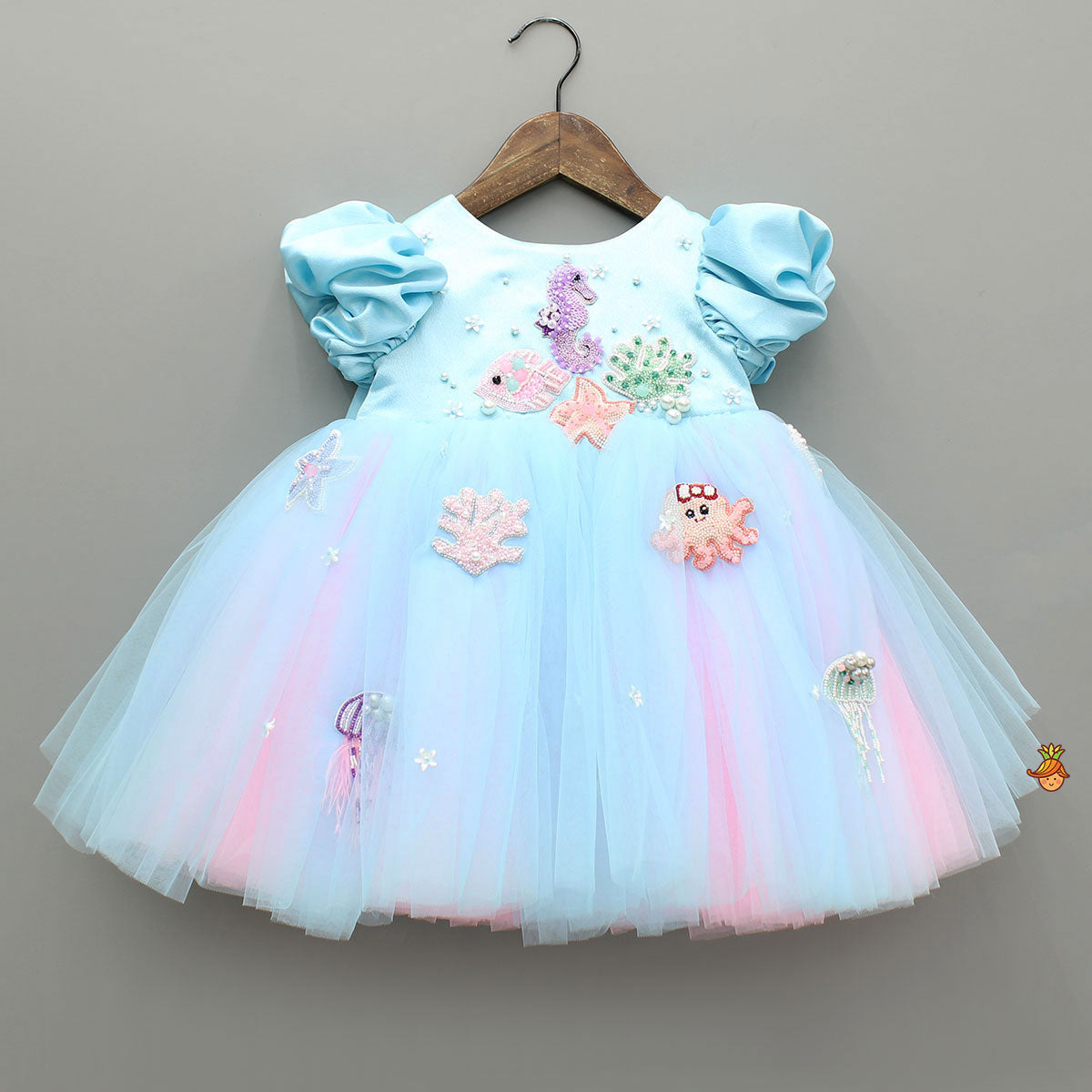 Blue And Pink Satin Dress With Sea Creature Embroidery