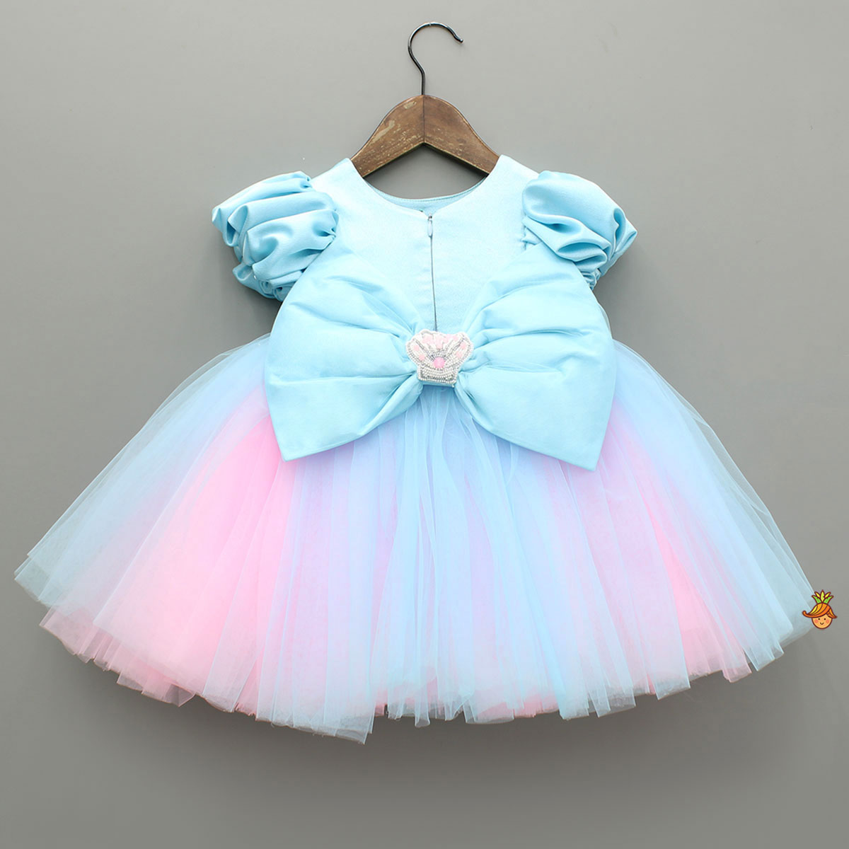 Blue And Pink Satin Dress With Sea Creature Embroidery