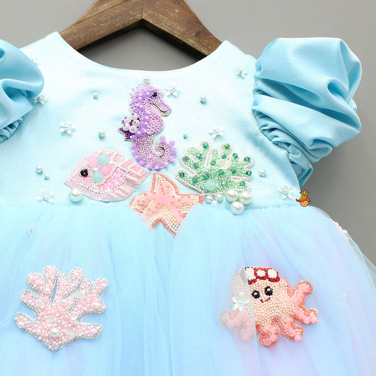 Blue And Pink Satin Dress With Sea Creature Embroidery