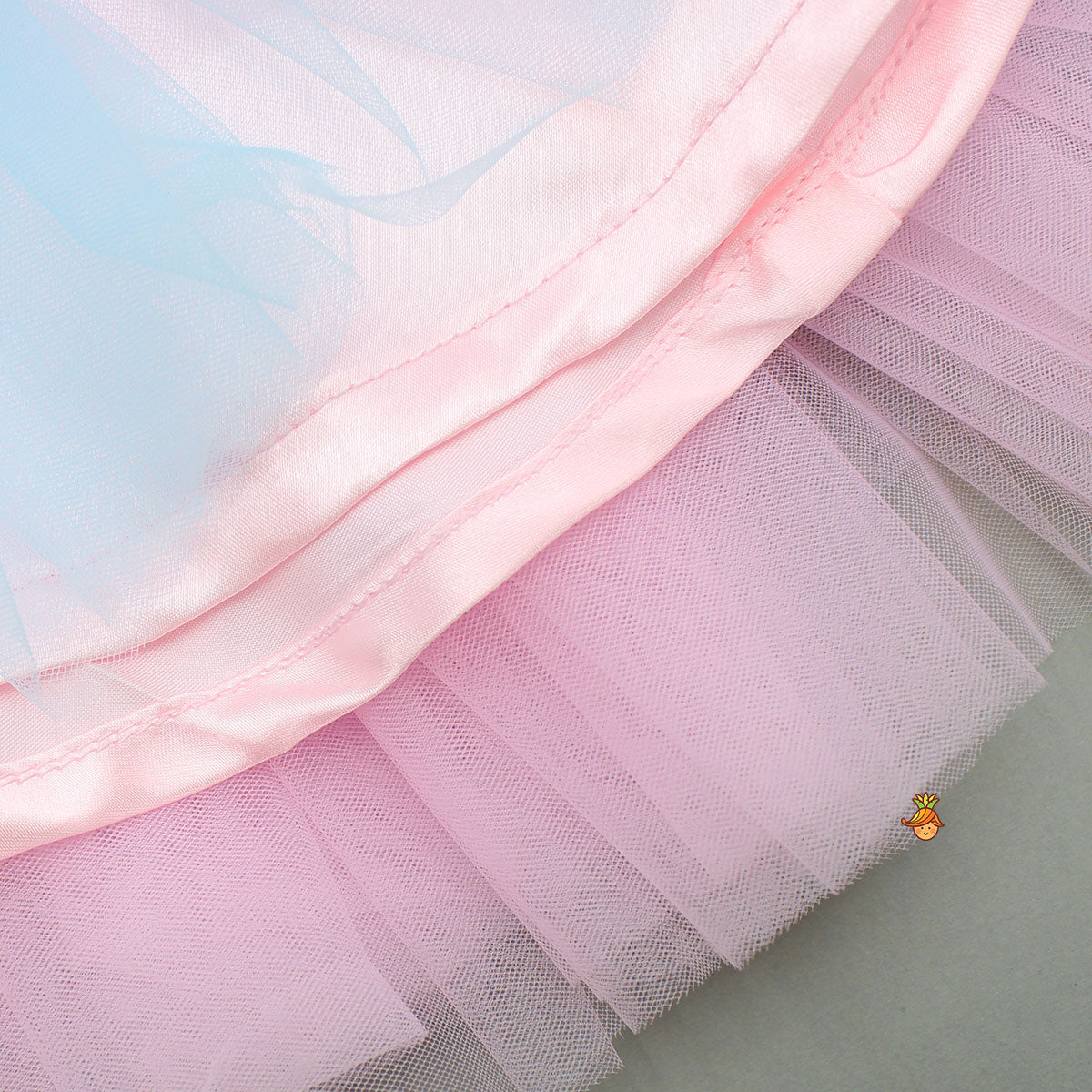 Blue And Pink Satin Dress With Sea Creature Embroidery