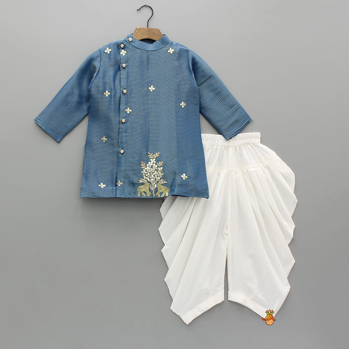 Shimmery Blue Embroidered Asymmetrical Kurta With Dhoti