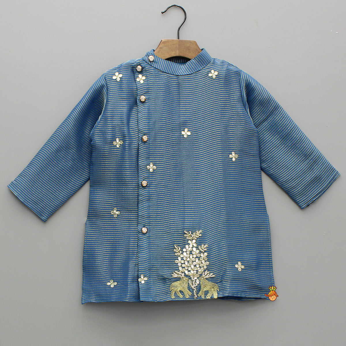Shimmery Blue Embroidered Asymmetrical Kurta With Dhoti