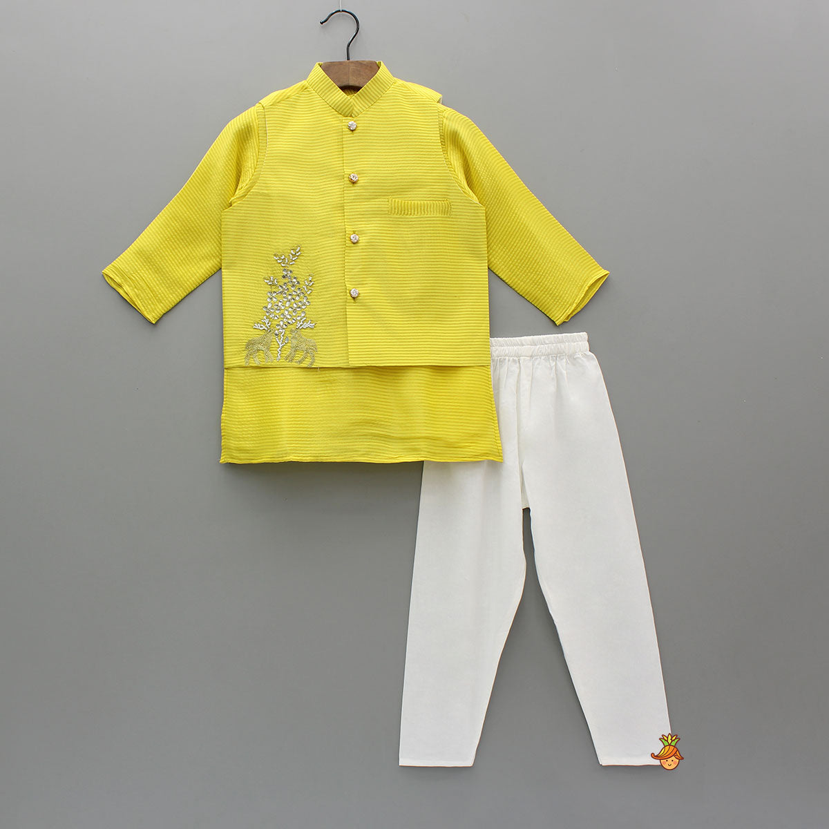 Yellow Gota Work Kurta With Churidar And Jacket