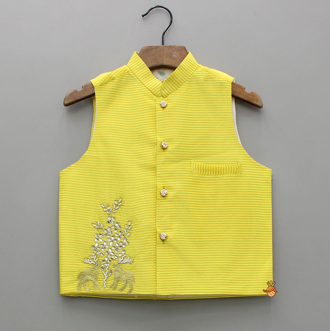 Yellow Gota Work Kurta With Churidar And Jacket