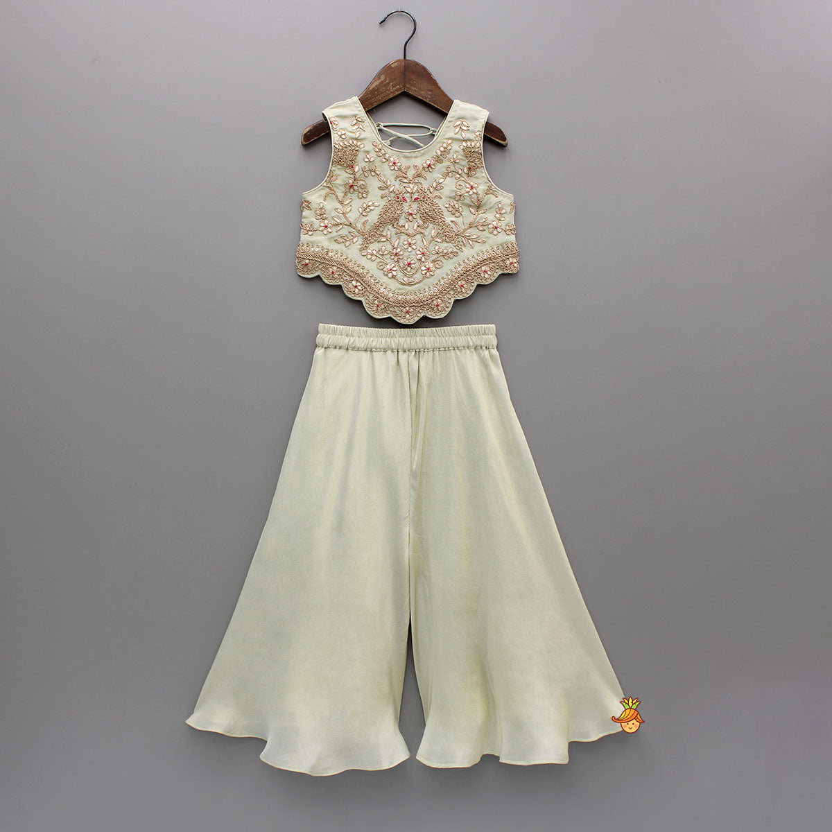 Shimmery Green Embroidered Scallop Detailed Top With Shimmery Flared Palazzo