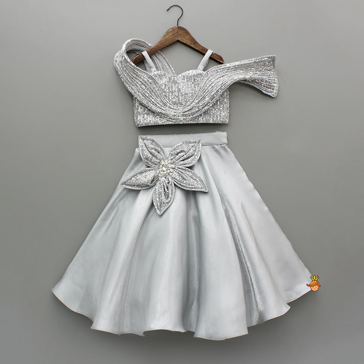 Grey Sequins Strappy Stiff Belt Top With Flower Adorned Lehenga
