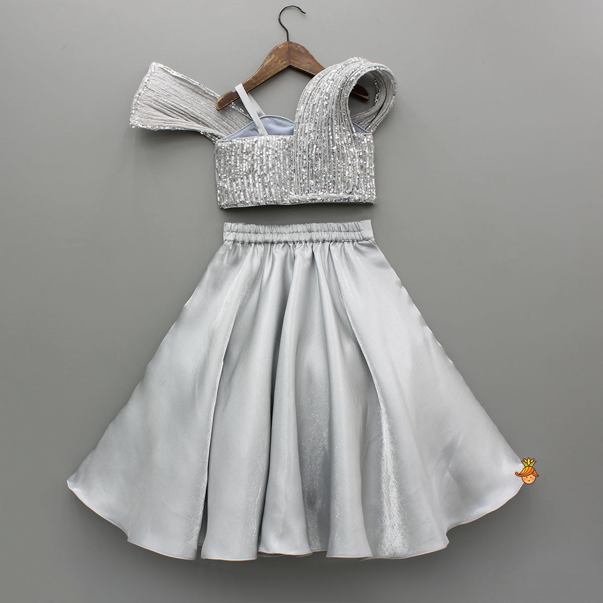 Grey Sequins Strappy Stiff Belt Top With Flower Adorned Lehenga