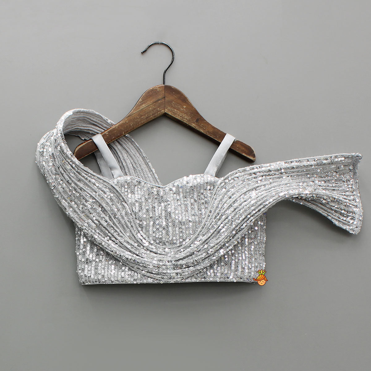 Grey Sequins Strappy Stiff Belt Top With Flower Adorned Lehenga