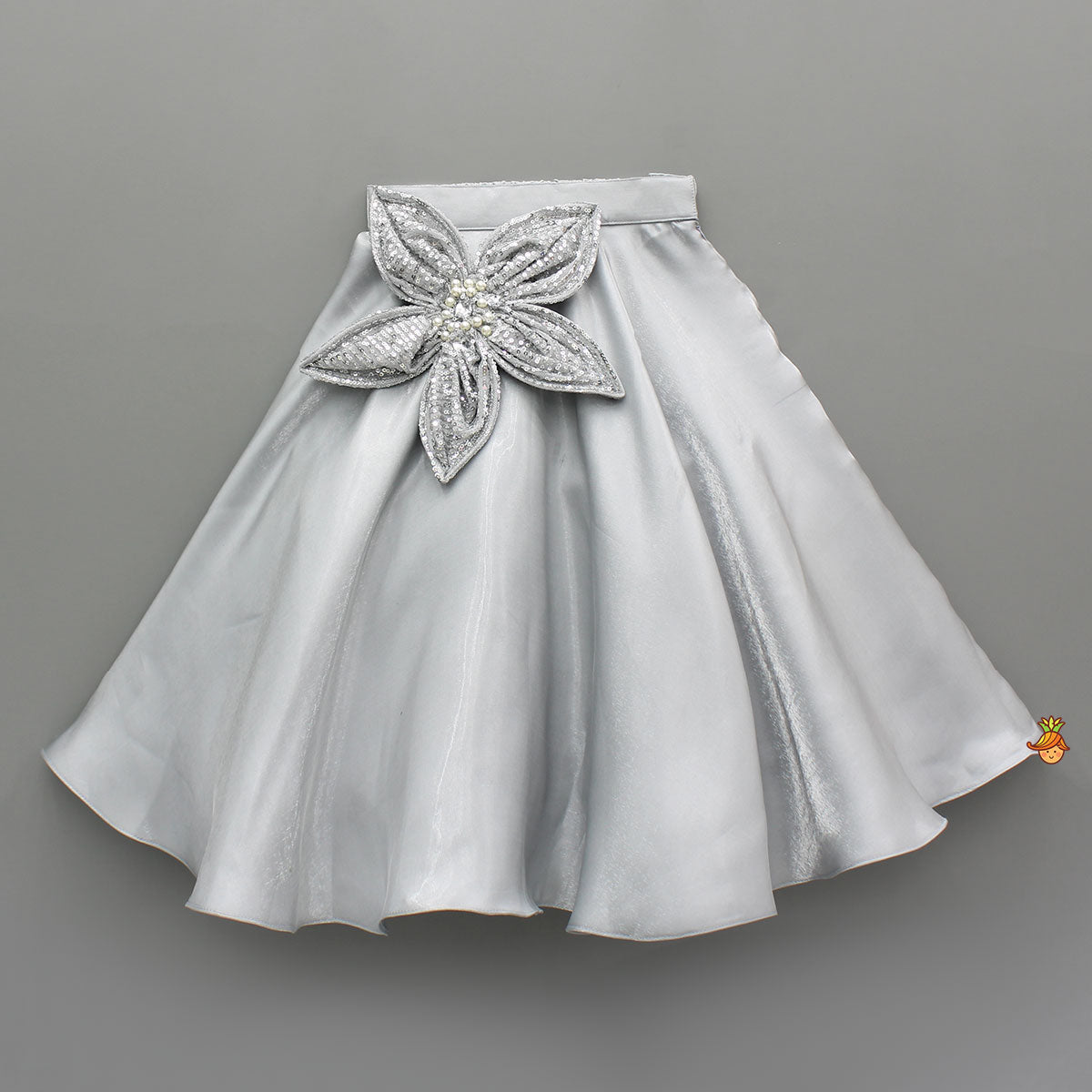 Grey Sequins Strappy Stiff Belt Top With Flower Adorned Lehenga