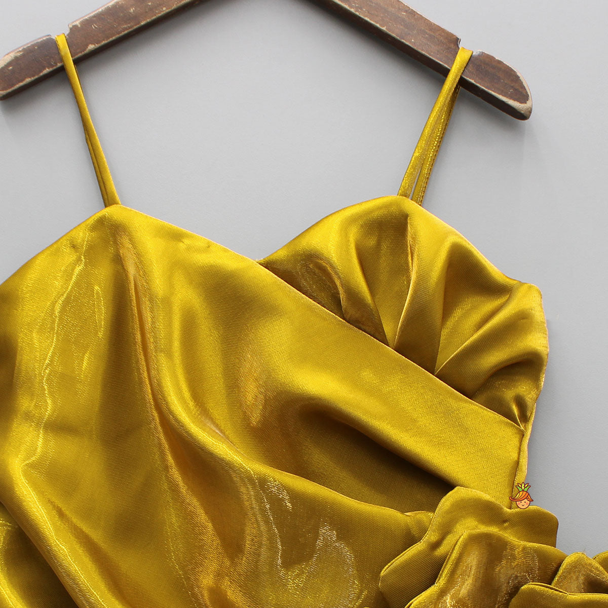 Mustard Glass Silk Flower Enhanced Sheen Strappy Dress