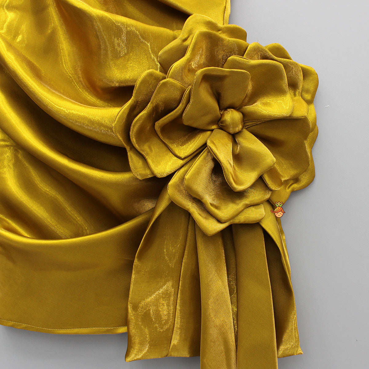 Mustard Glass Silk Flower Enhanced Sheen Strappy Dress