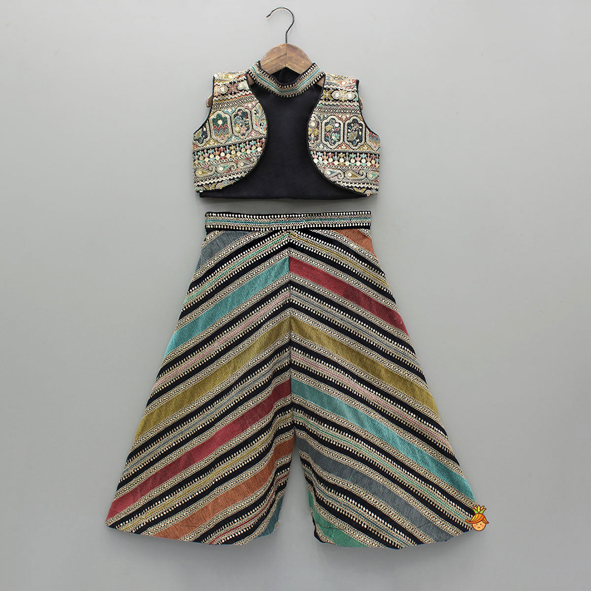 Black Halter Neck Top With Embroidered Jacket And Palazzo