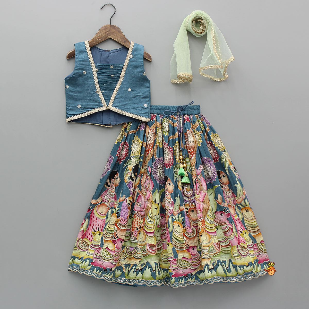 Blue Pin Tuck Top And Ethnic Printed Lehenga With Green Dupatta