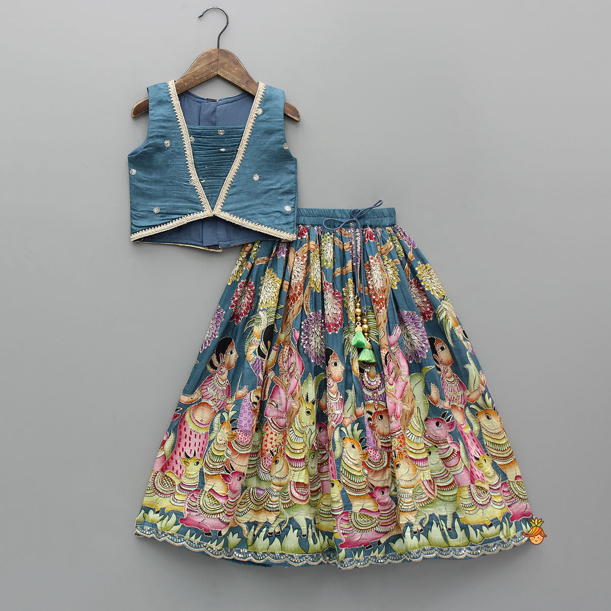 Blue Pin Tuck Top And Ethnic Printed Lehenga With Green Dupatta