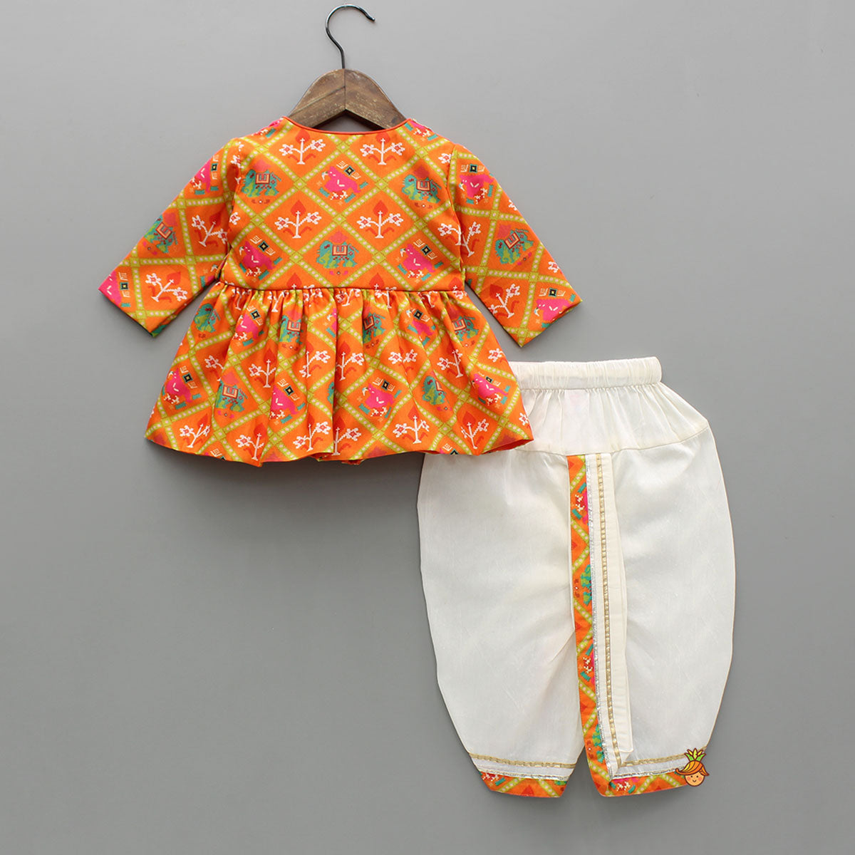 Patola Printed Angarkha Orange Top And Dhoti With Mukut
