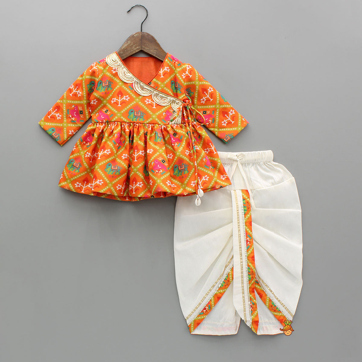 Patola Printed Angarkha Orange Top And Dhoti With Mukut