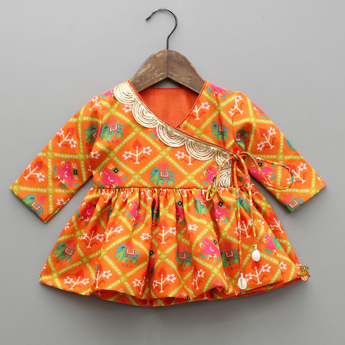 Patola Printed Angarkha Orange Top And Dhoti With Mukut